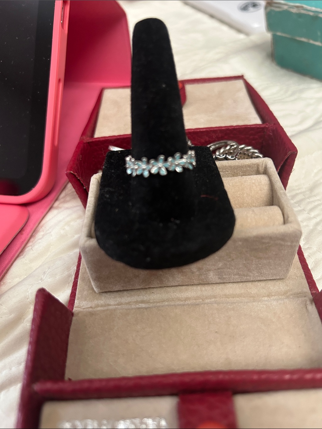 Wildflowers Silver Band Ring With Light Blue Flower Accents